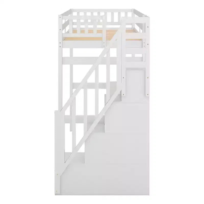 Lit mezzanine avec escalier de rangement et bureau intégré, cadre de lit surélevé.