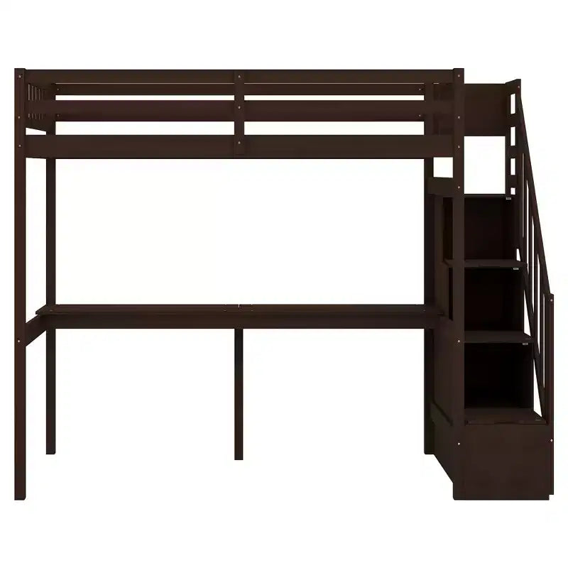 Lit mezzanine avec escalier de rangement et bureau intégré, cadre de lit surélevé.