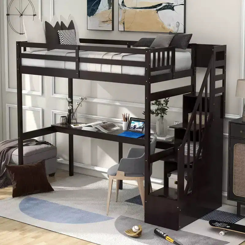 Twin Size Loft Bed with Storage Staircase and Built-in Desk High Loft Bed Frame with Steps for Kids Teens Adults