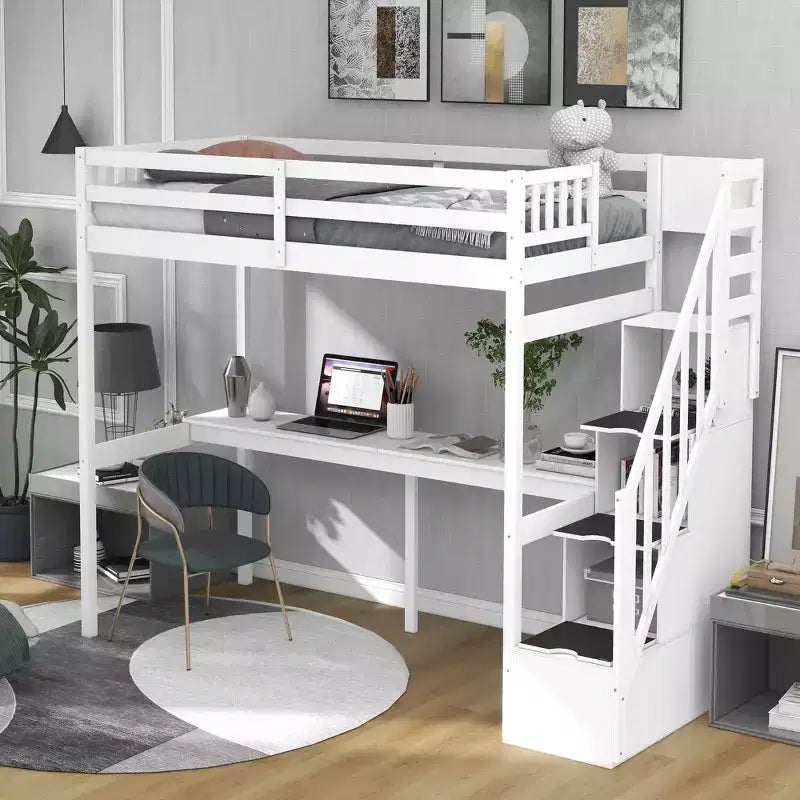 Lit mezzanine avec escalier de rangement et bureau intégré, cadre de lit surélevé.