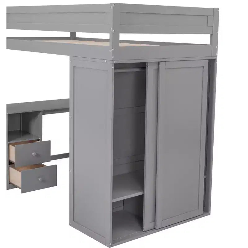 Lit mezzanine double en bois avec armoires et bureau, cadre de lit mezzanine haut