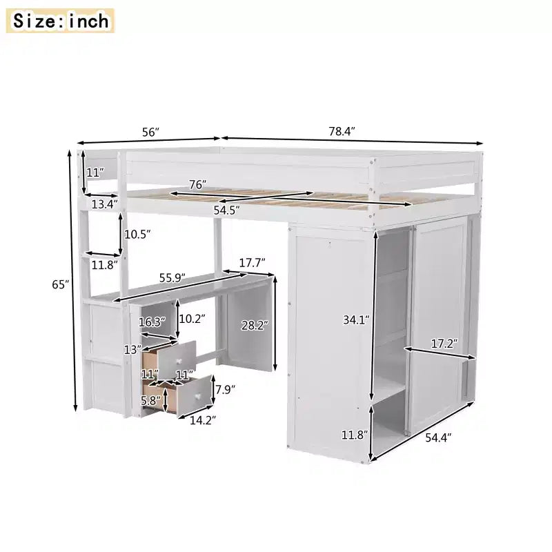Lit mezzanine double en bois avec armoires et bureau, cadre de lit mezzanine haut