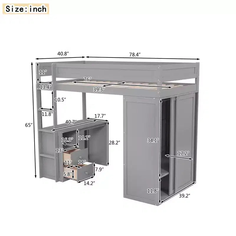 Lit mezzanine double en bois avec armoires et bureau, cadre de lit mezzanine haut