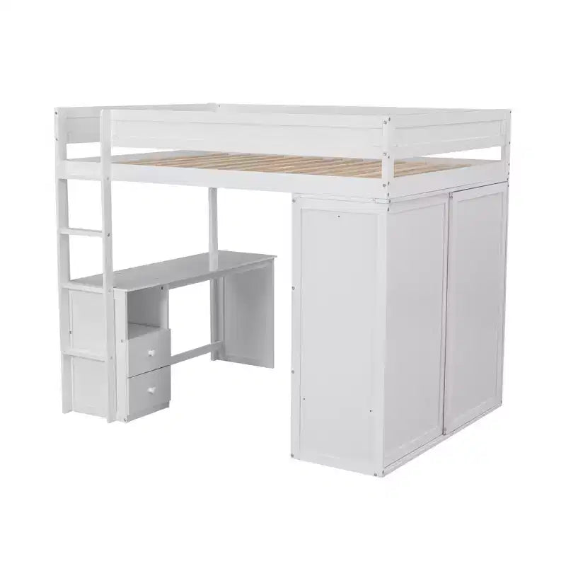 Lit mezzanine double en bois avec armoires et bureau, cadre de lit mezzanine haut