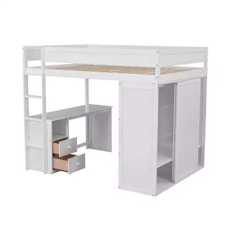 Lit mezzanine double en bois avec armoires et bureau, cadre de lit mezzanine haut