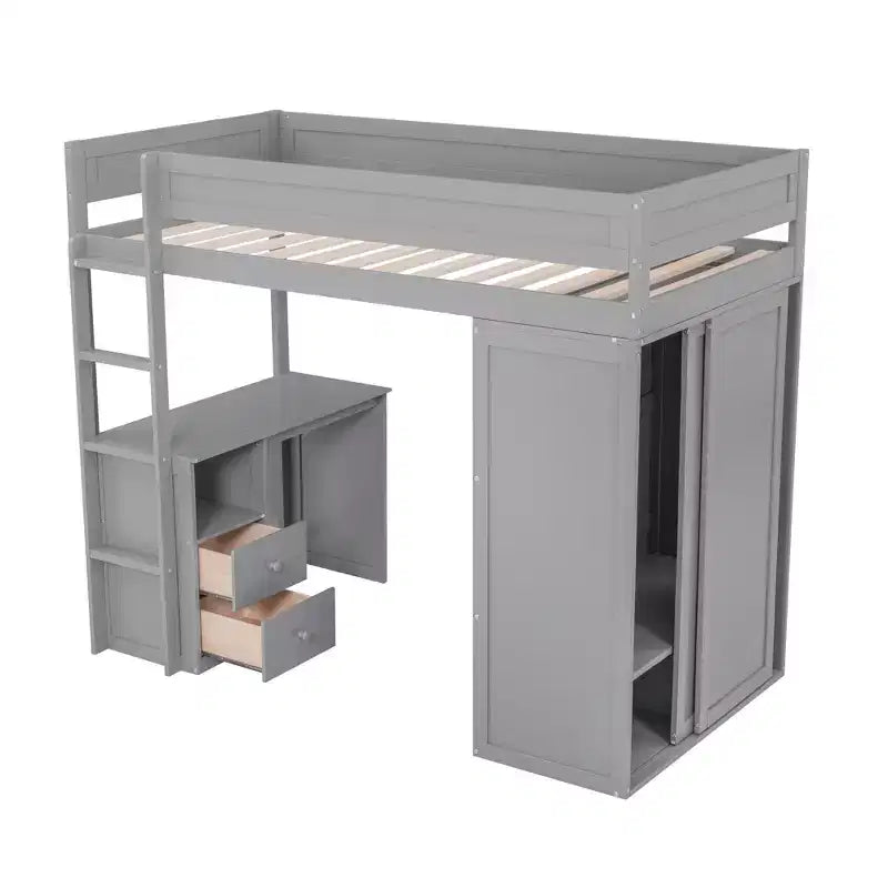 Lit mezzanine double en bois avec armoires et bureau, cadre de lit mezzanine haut