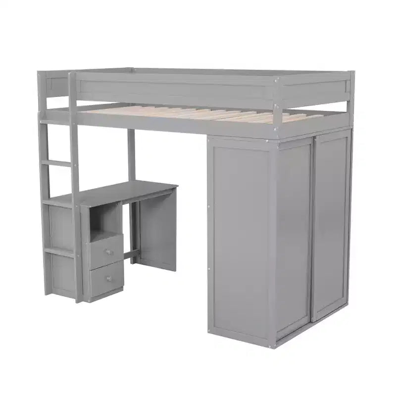 Lit mezzanine double en bois avec armoires et bureau, cadre de lit mezzanine haut