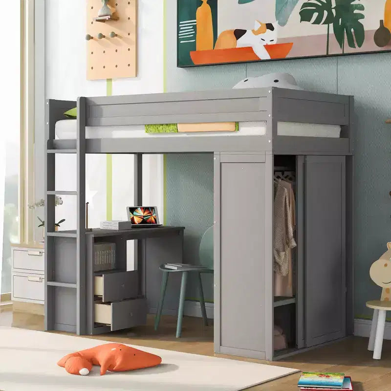 Wood Twin Size Loft Bed with Wardrobes and Desk High Loft Bed Frame with 2 Storage Drawers and Cabinet for Kids Teens Adults