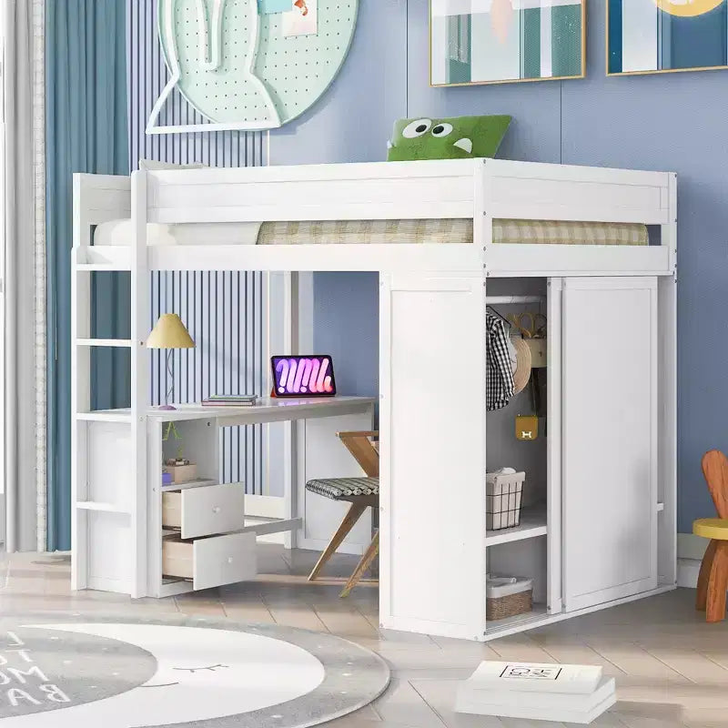 Lit mezzanine double en bois avec armoires et bureau, cadre de lit mezzanine haut