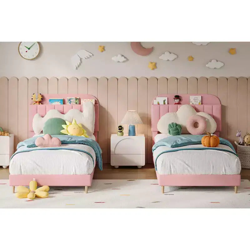 2PCS Twin Bed Frames Upholstered Platform Bed Frame with Bookcase Headboard Velvet Platform Bed Mattress Foundation Heavy Duty Steel Support Legs