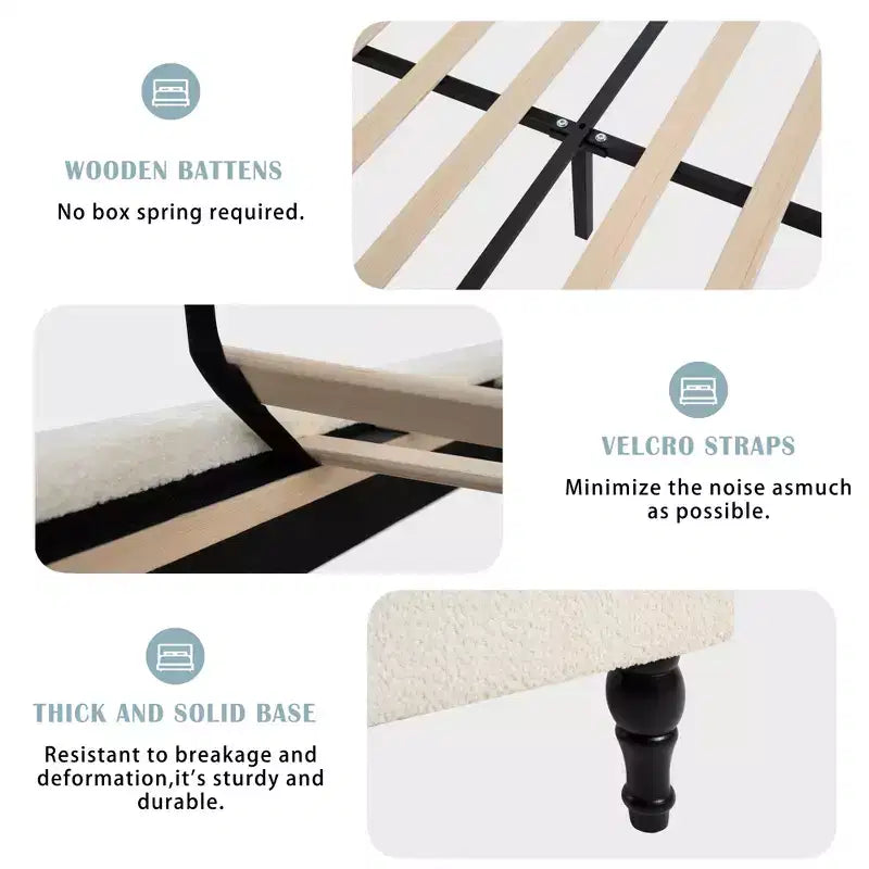 Cadre de lit plateforme avec tête de lit capitonnée en tissu bouclé