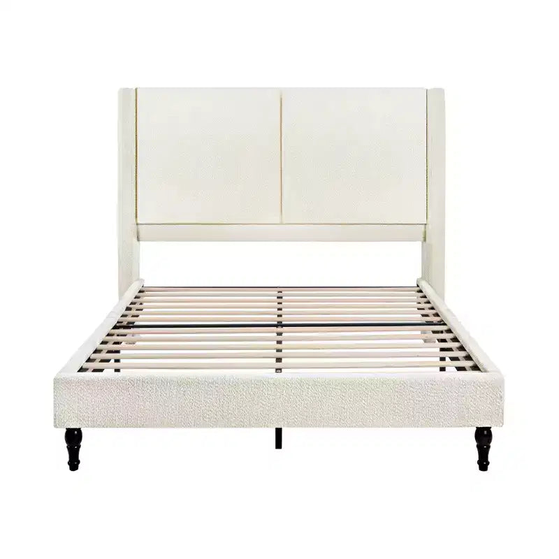 Cadre de lit plateforme avec tête de lit capitonnée en tissu bouclé