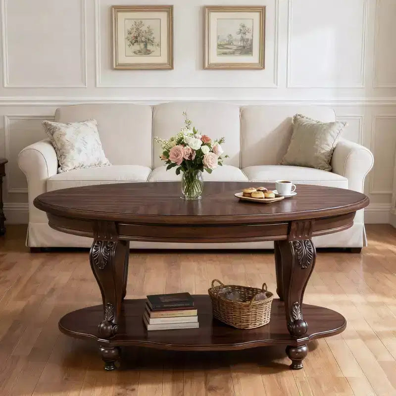 Hostack 42'' oval wood coffee table with 2-Tiers and Open Storage Shelf for Living Room Cherry