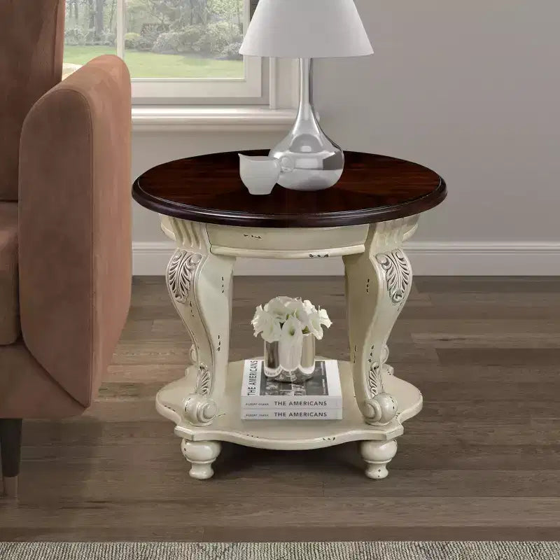 GDFStudio Carla Vintage Round End Table with Lower Shelf