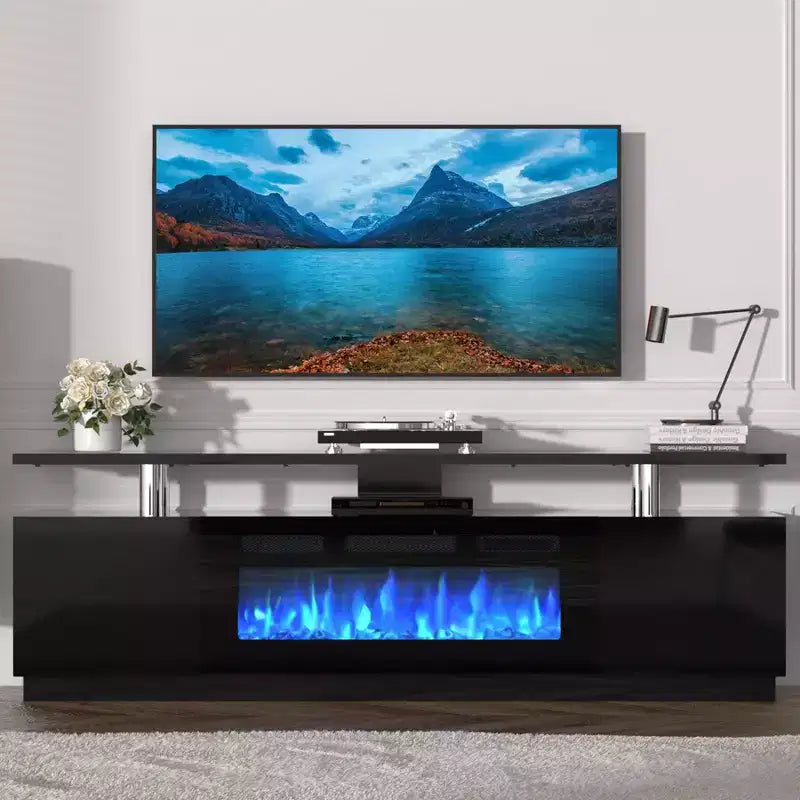 Modern Fireplace TV Stand with Dual Control 12 Flame Colors Ember Bed Ample Storage Cable Management 70 Media Console for Living Room Black
