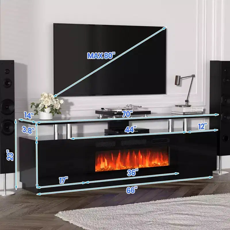 Meuble TV moderne avec foyer, double commande, 12 couleurs de flamme, lit de braises, grand espace de rangement