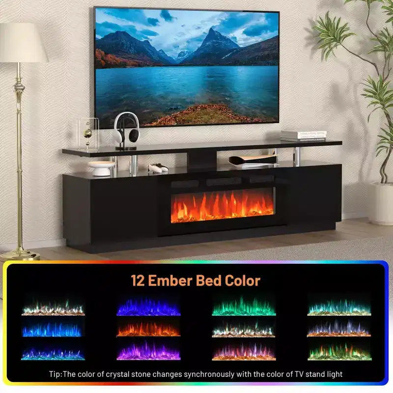 Meuble TV moderne avec foyer, double commande, 12 couleurs de flamme, lit de braises, grand espace de rangement