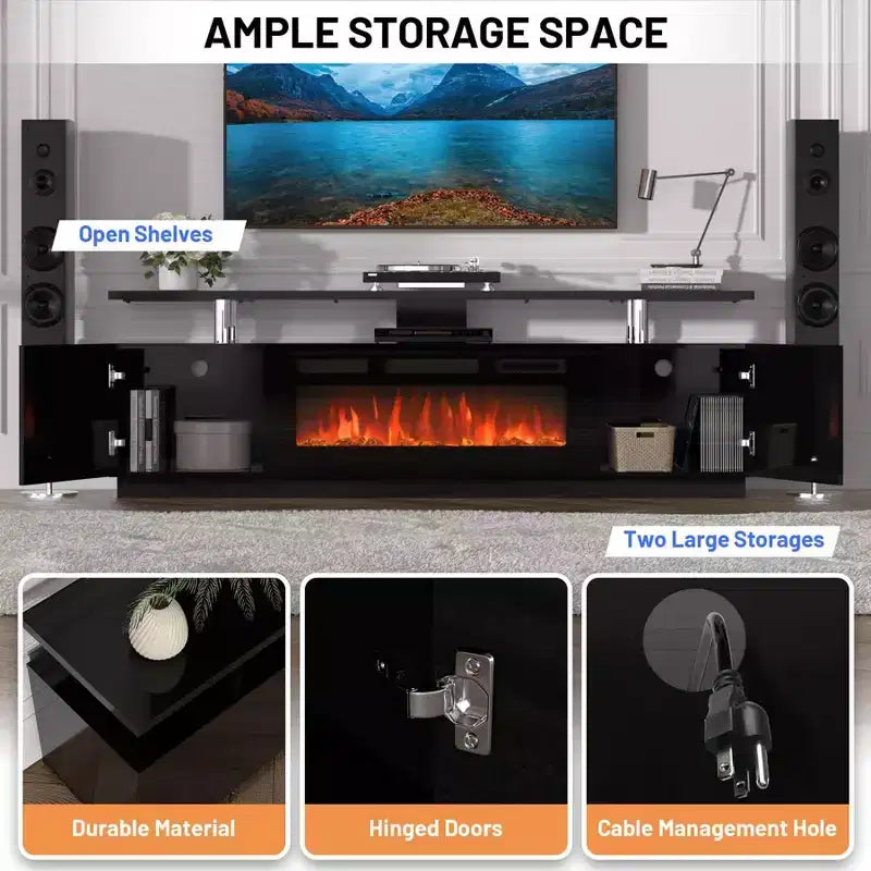 Meuble TV moderne avec foyer, double commande, 12 couleurs de flamme, lit de braises, grand espace de rangement
