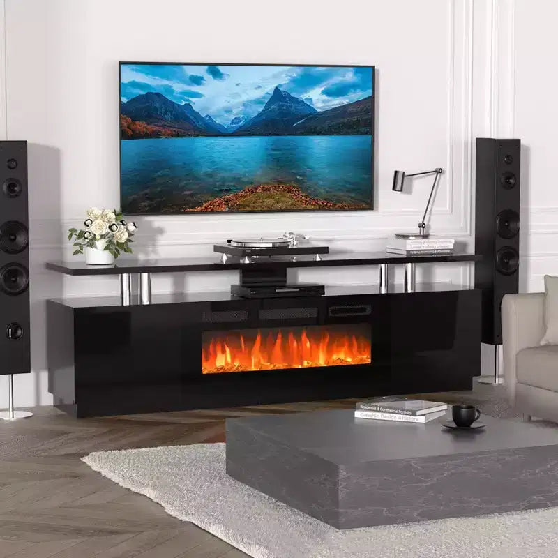 Meuble TV moderne avec foyer, double commande, 12 couleurs de flamme, lit de braises, grand espace de rangement