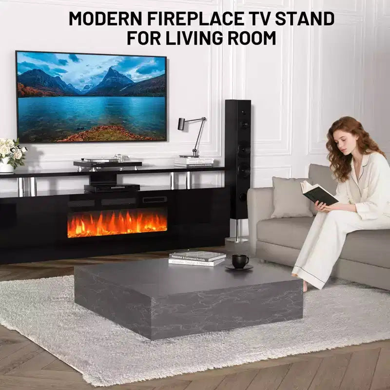 Meuble TV moderne avec foyer, double commande, 12 couleurs de flamme, lit de braises, grand espace de rangement