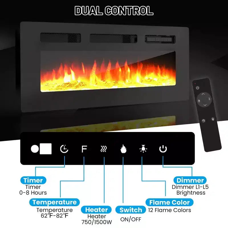 Meuble TV moderne avec foyer, double commande, 12 couleurs de flamme, lit de braises, grand espace de rangement