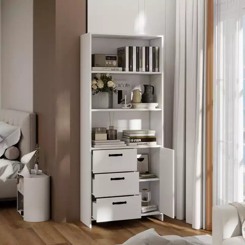 Étagère à 6 niveaux avec portes et tiroirs, bibliothèque avec étagères ouvertes à 3 niveaux en bois