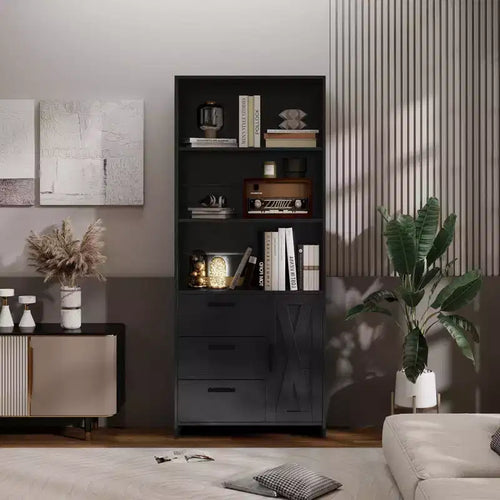 6-Tier Bookshelf with Doors Drawers Bookcase with 3-Tier Open Shelves Wood Book Shelf with Storage Cabinet for Home Office Living Room Bedroom