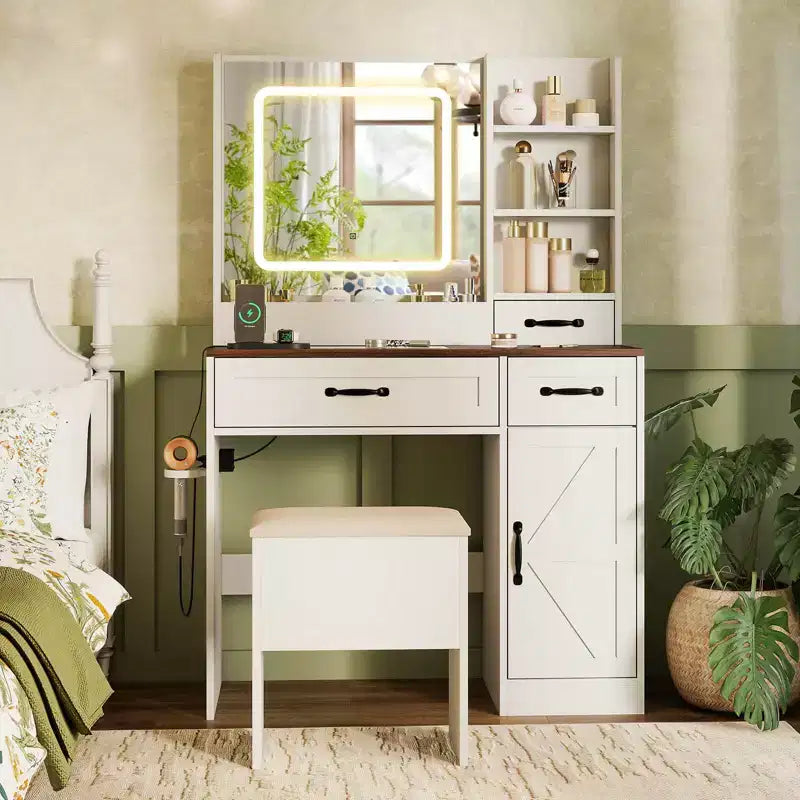 Coiffeuse avec miroir et prises de courant, table de maquillage avec éclairage 3 couleurs