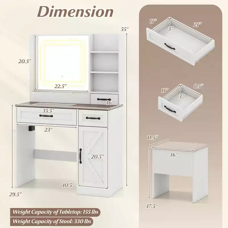 Coiffeuse avec miroir et prises de courant, table de maquillage avec éclairage 3 couleurs