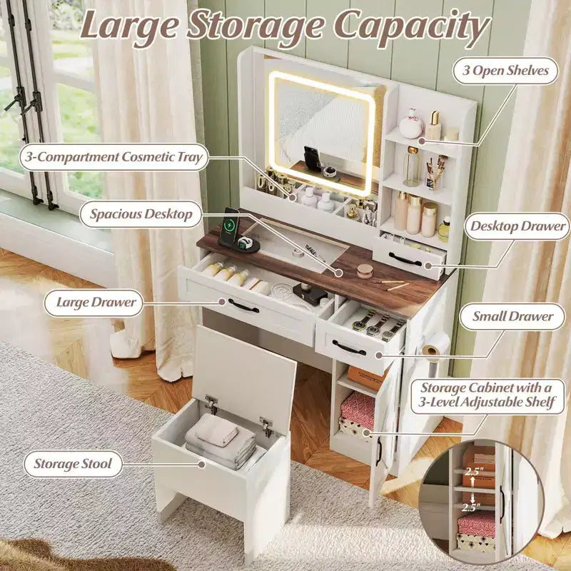 Coiffeuse avec miroir et prises de courant, table de maquillage avec éclairage 3 couleurs