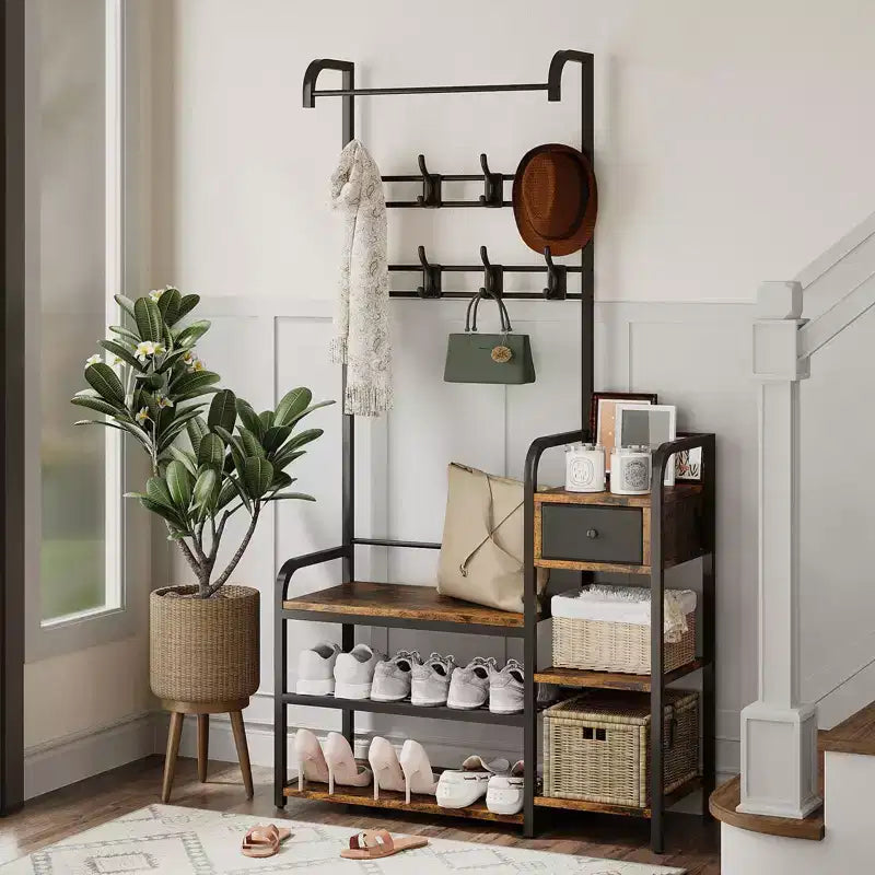 3-in-1 Hall Tree Coat Rack with Shoe Storage and Drawer Heavy-Duty Steel Frame Entryway Bench Multifunctional Mudroom Organizer