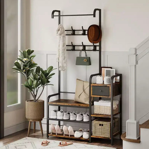 3-in-1 Hall Tree Coat Rack with Shoe Storage and Drawer Heavy-Duty Steel Frame Entryway Bench Multifunctional Mudroom Organizer