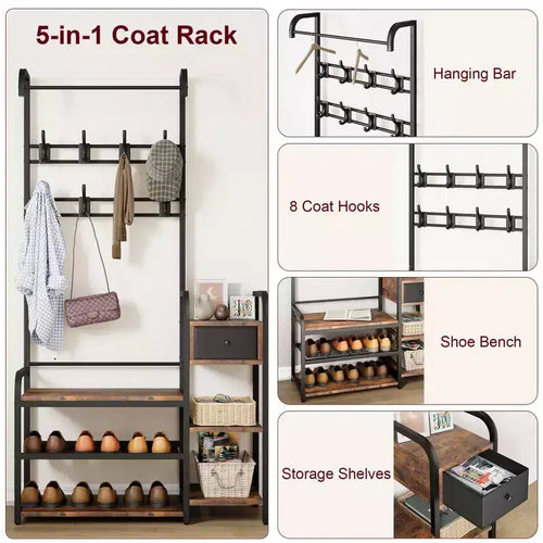Porte-manteau 3-en-1 avec rangement pour chaussures et tiroir
