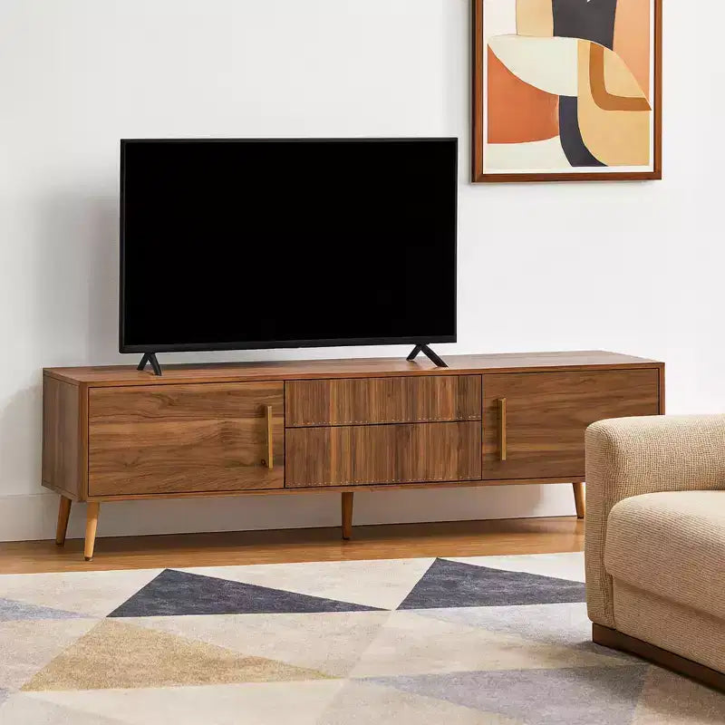 Meuble TV Noyer Mid-Century avec Structure Solide et Rangement Fermé
