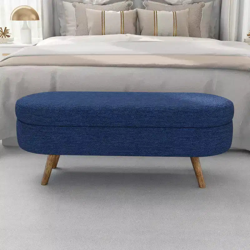 Banc de rangement ottoman ovale en tissu avec pieds en bois d'hévéa