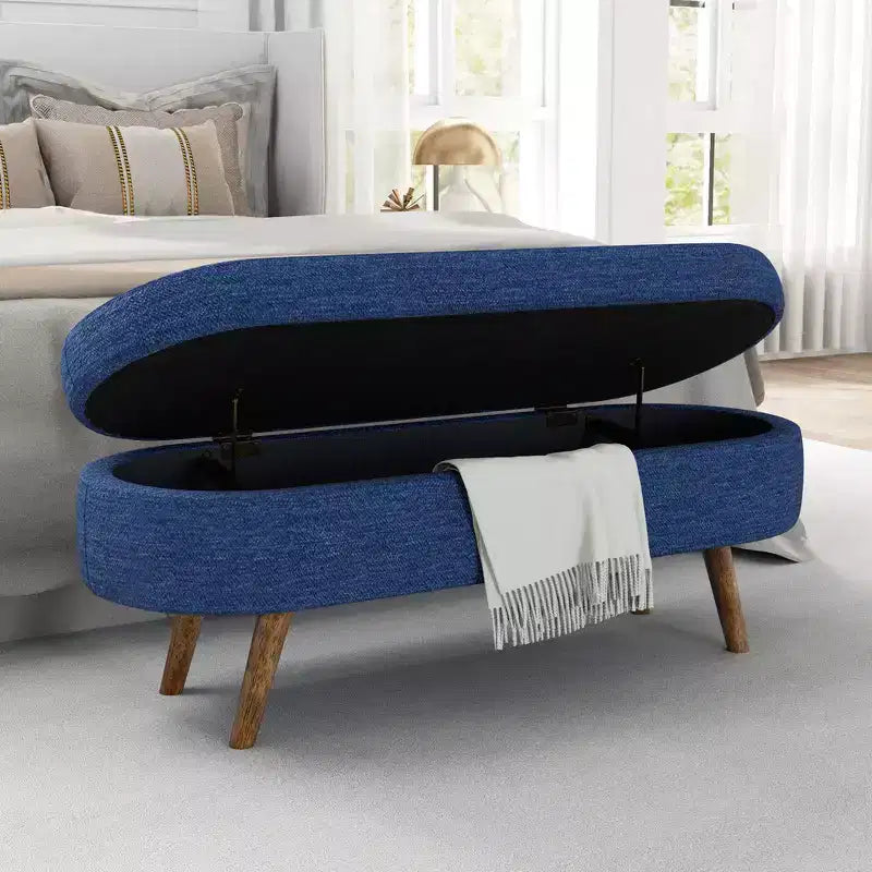 Banc de rangement ottoman ovale en tissu avec pieds en bois d'hévéa