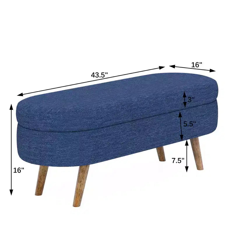 Banc de rangement ottoman ovale en tissu avec pieds en bois d'hévéa