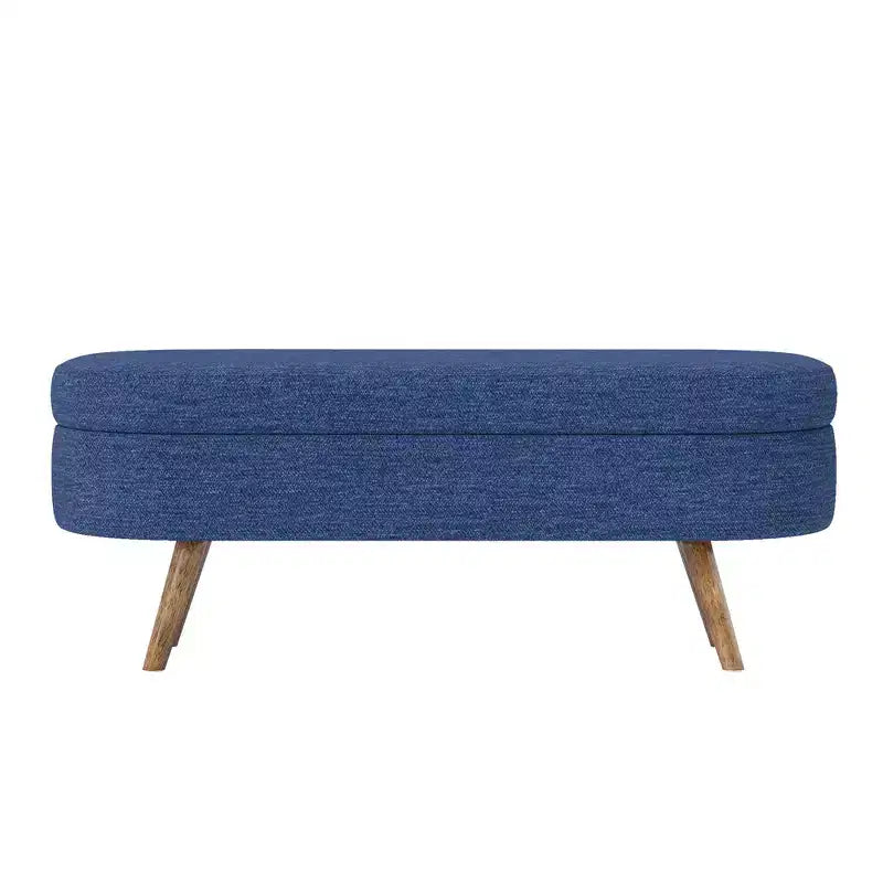 Banc de rangement ottoman ovale en tissu avec pieds en bois d'hévéa