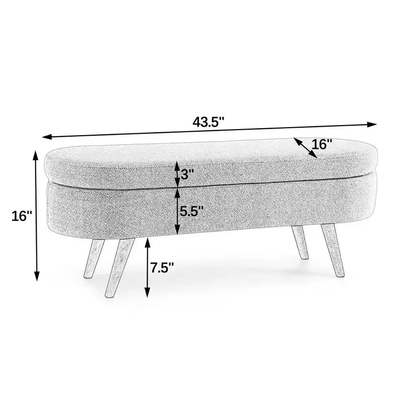 Banc de rangement ottoman ovale en tissu avec pieds en bois d'hévéa