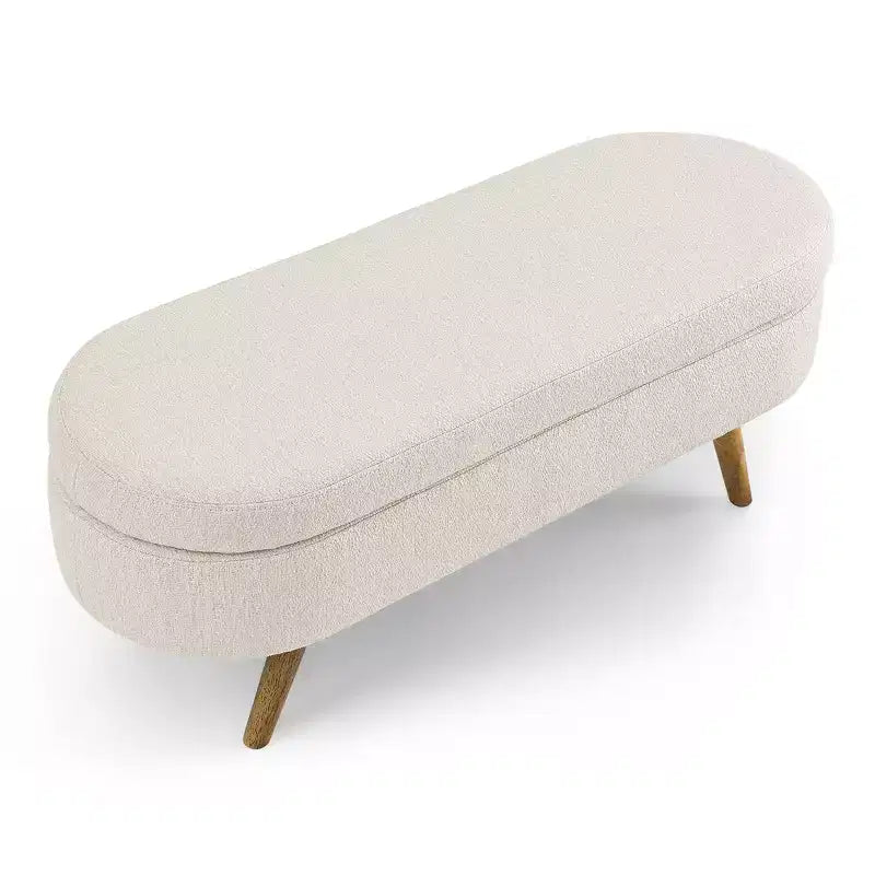 Banc de rangement ottoman ovale en tissu avec pieds en bois d'hévéa