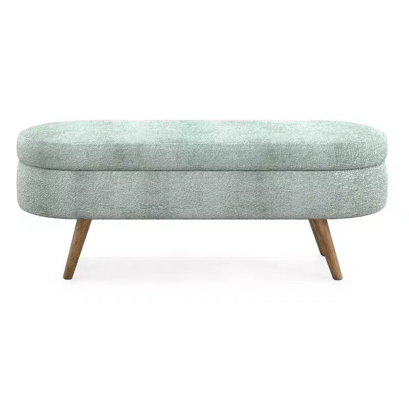 Banc de rangement ottoman ovale en tissu avec pieds en bois d'hévéa