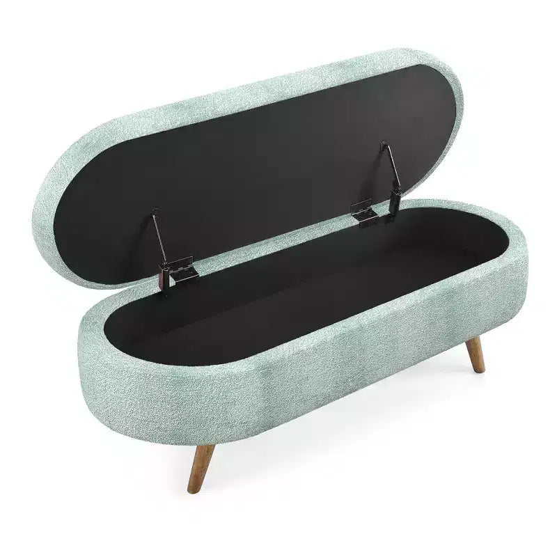 Banc de rangement ottoman ovale en tissu avec pieds en bois d'hévéa