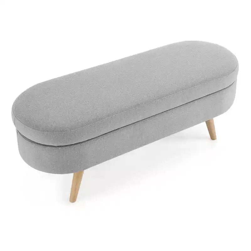 Banc de rangement ottoman ovale en tissu avec pieds en bois d'hévéa