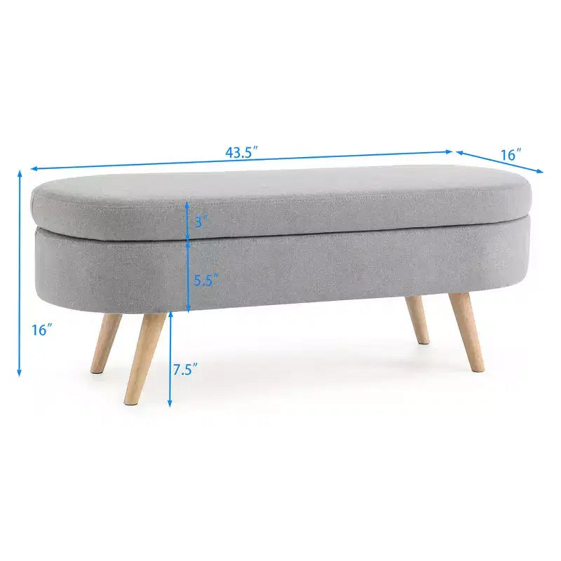 Banc de rangement ottoman ovale en tissu avec pieds en bois d'hévéa