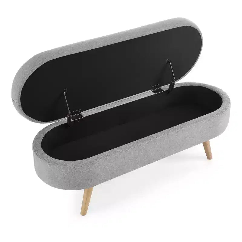 Banc de rangement ottoman ovale en tissu avec pieds en bois d'hévéa