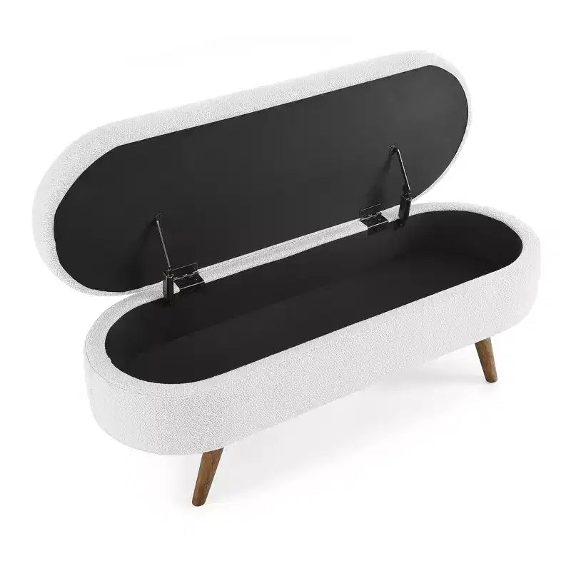 Banc de rangement ottoman ovale en tissu avec pieds en bois d'hévéa