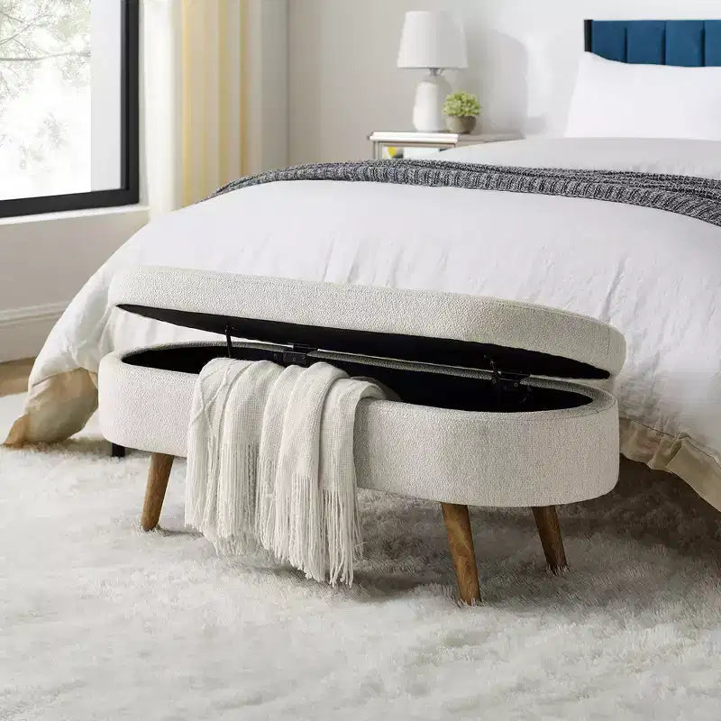 Banc de rangement ottoman ovale en tissu avec pieds en bois d'hévéa