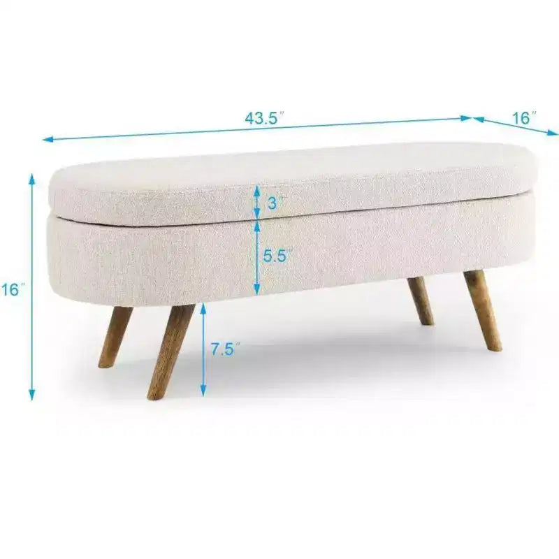 Banc de rangement ottoman ovale en tissu avec pieds en bois d'hévéa