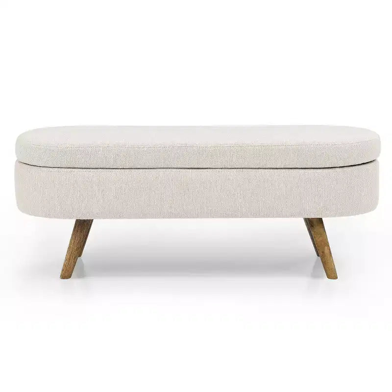Banc de rangement ottoman ovale en tissu avec pieds en bois d'hévéa