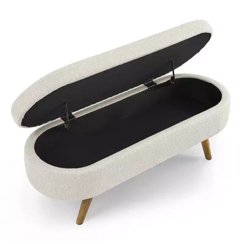 Banc de rangement ottoman ovale en tissu avec pieds en bois d'hévéa